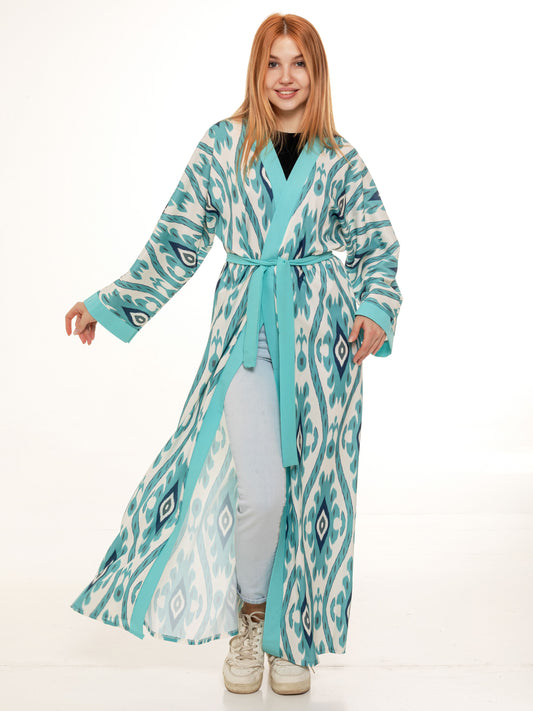 Long adras robe Azure Peacock in emerald color - Oriental Magic Chest