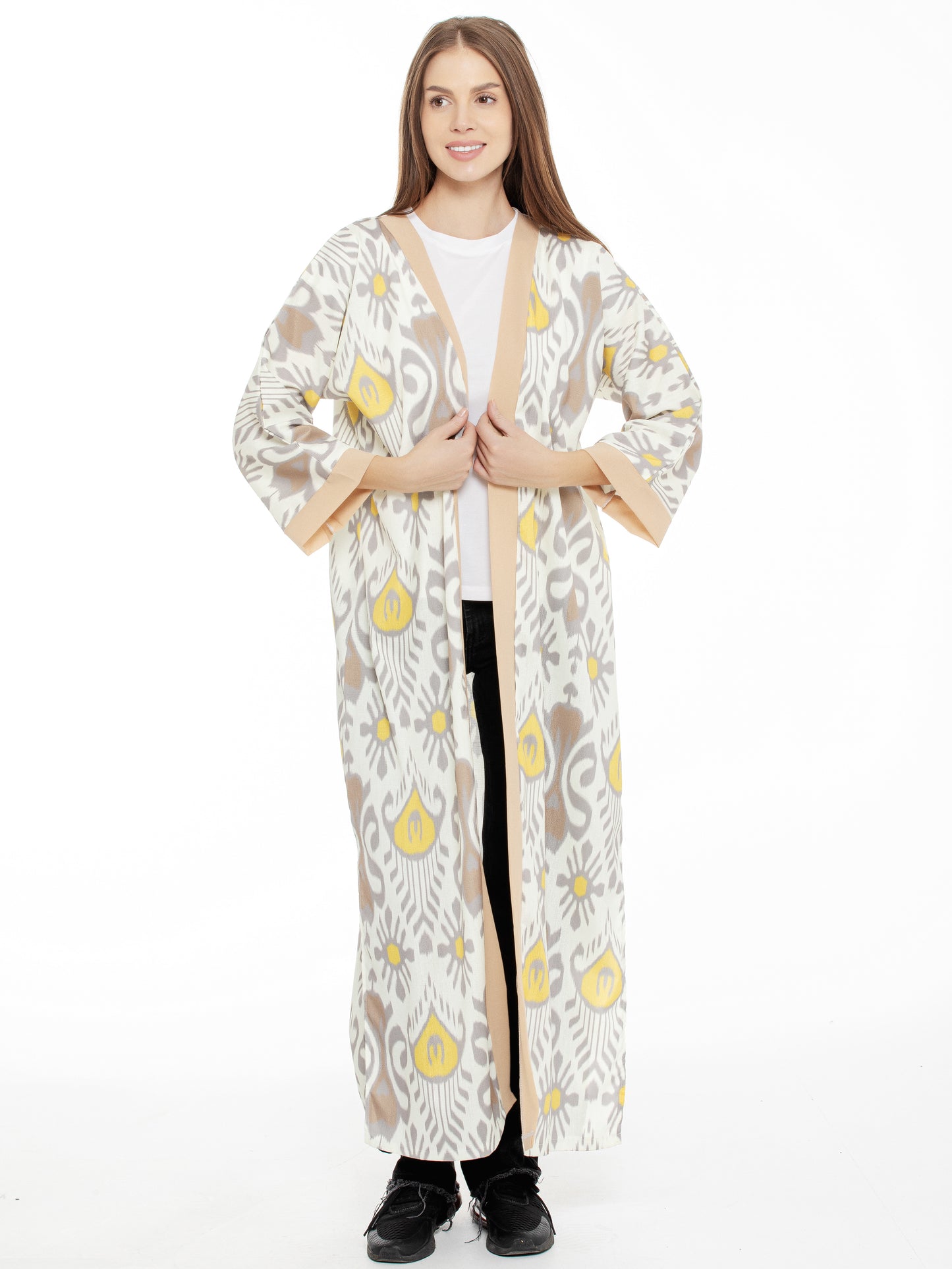 Long adras robe chapan for women made of cotton and silk. Beautiful asian chapan for everyday wearing. Casual clothing, han atlas, uzbek asian oriental, ikat adras dress