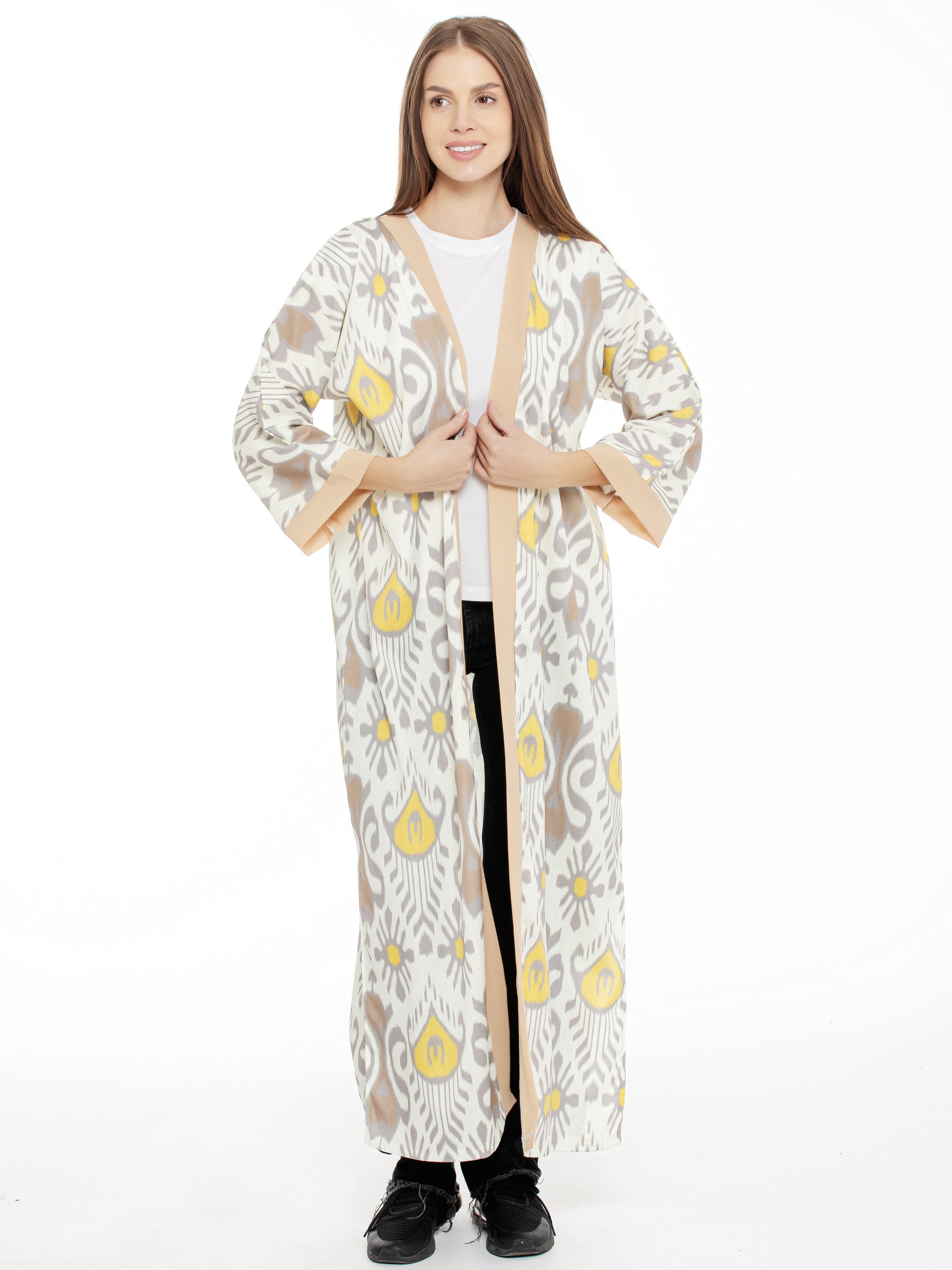 Long adras robe chapan for women made of cotton and silk. Beautiful asian chapan for everyday wearing. Casual clothing, han atlas, uzbek asian oriental, ikat adras dress