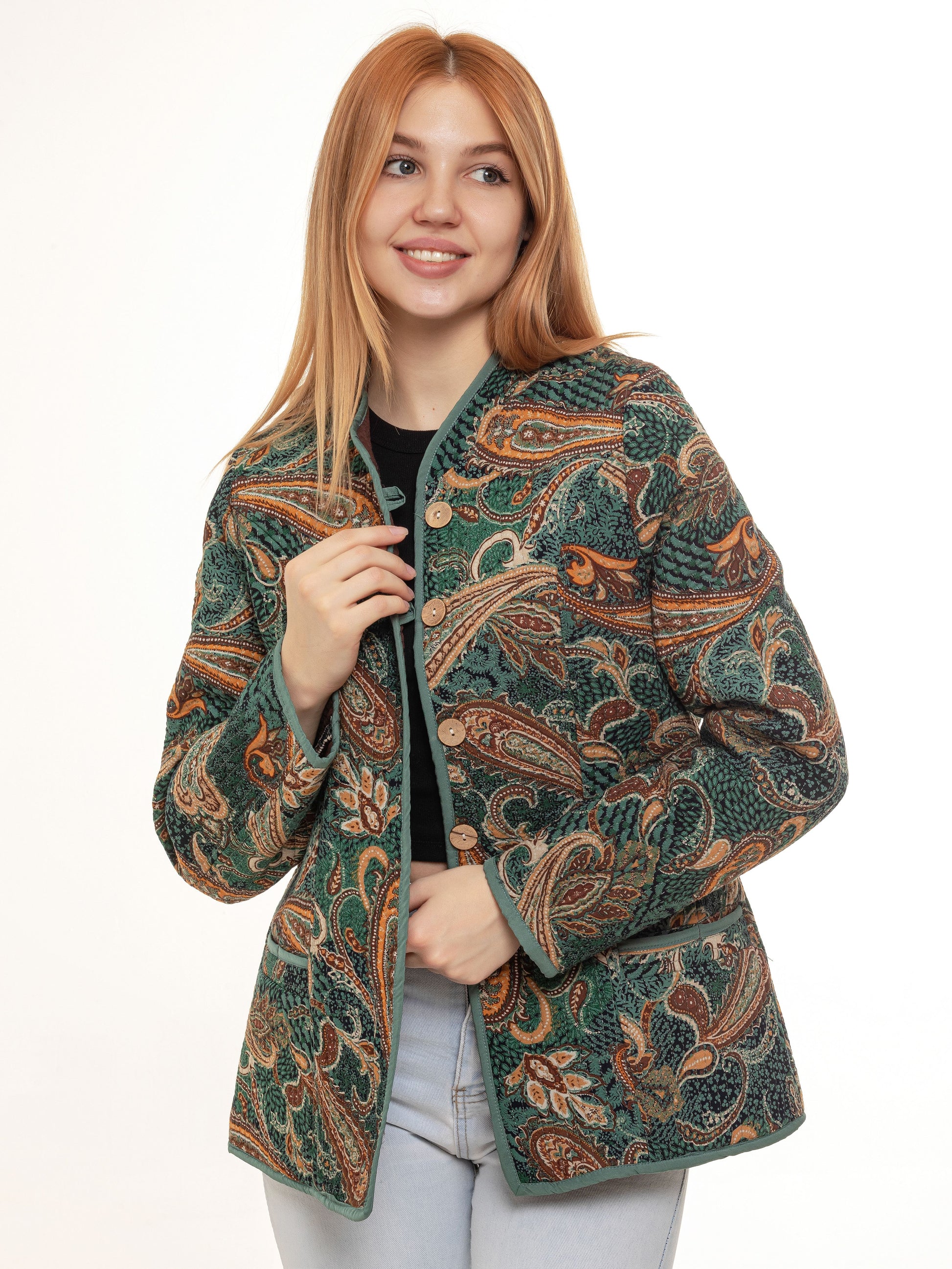 asian jacket green phoenix, cotton jacket, oriental print, hand made blazer