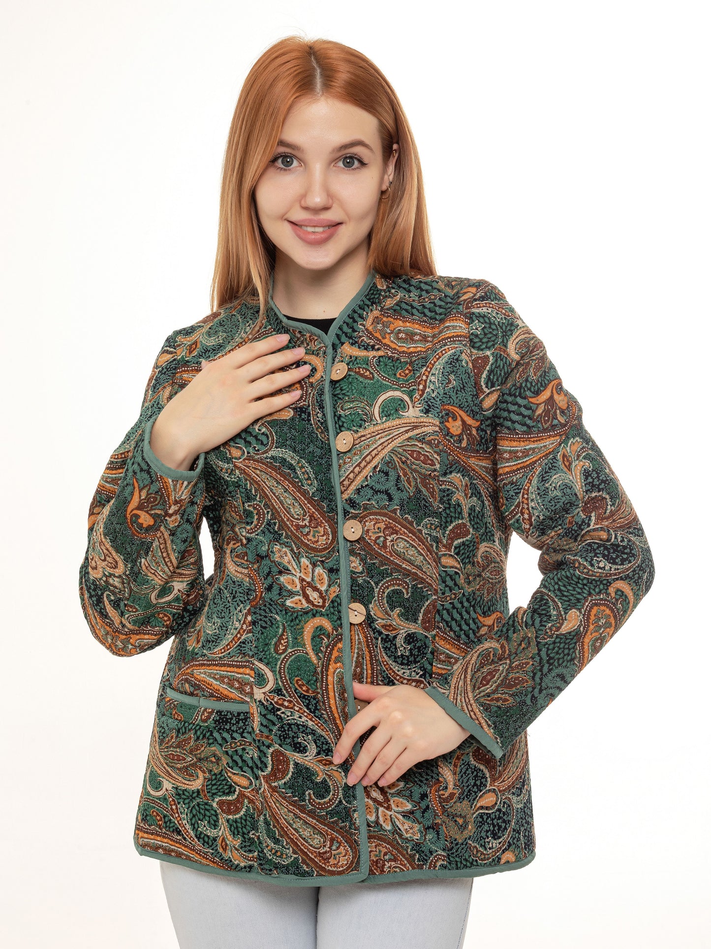 asian jacket green phoenix, cotton jacket, oriental print, hand made blazer for women