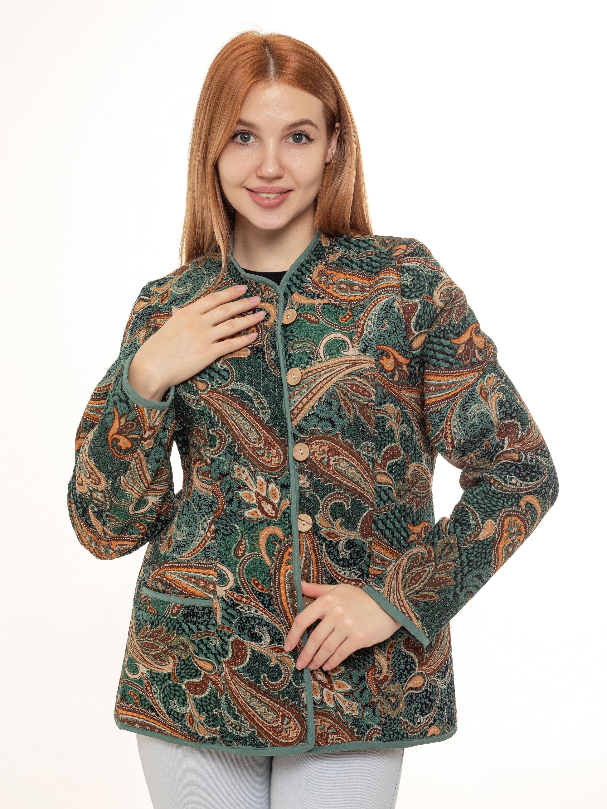 asian jacket green phoenix, cotton jacket, oriental print, hand made blazer for women