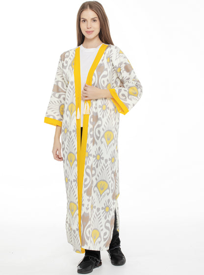 Long adras robe chapan for women made of cotton and silk. Beautiful asian chapan for everyday wearing. Casual clothing, han atlas, uzbek asian oriental clothing