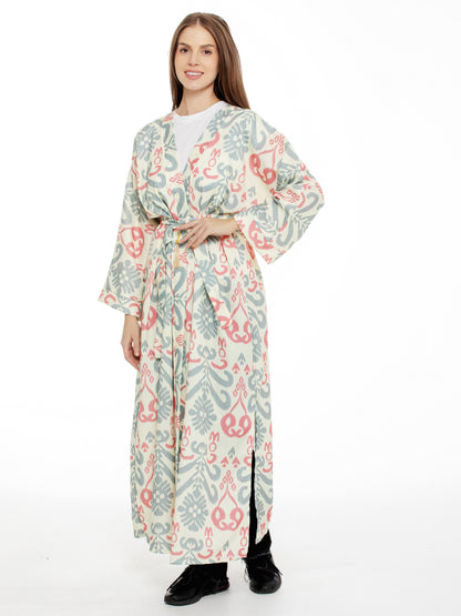 long adras robe, cotton silk bamboo adras, oriental print, adras dress, generic uzbek women's chapan, ikat adras dress