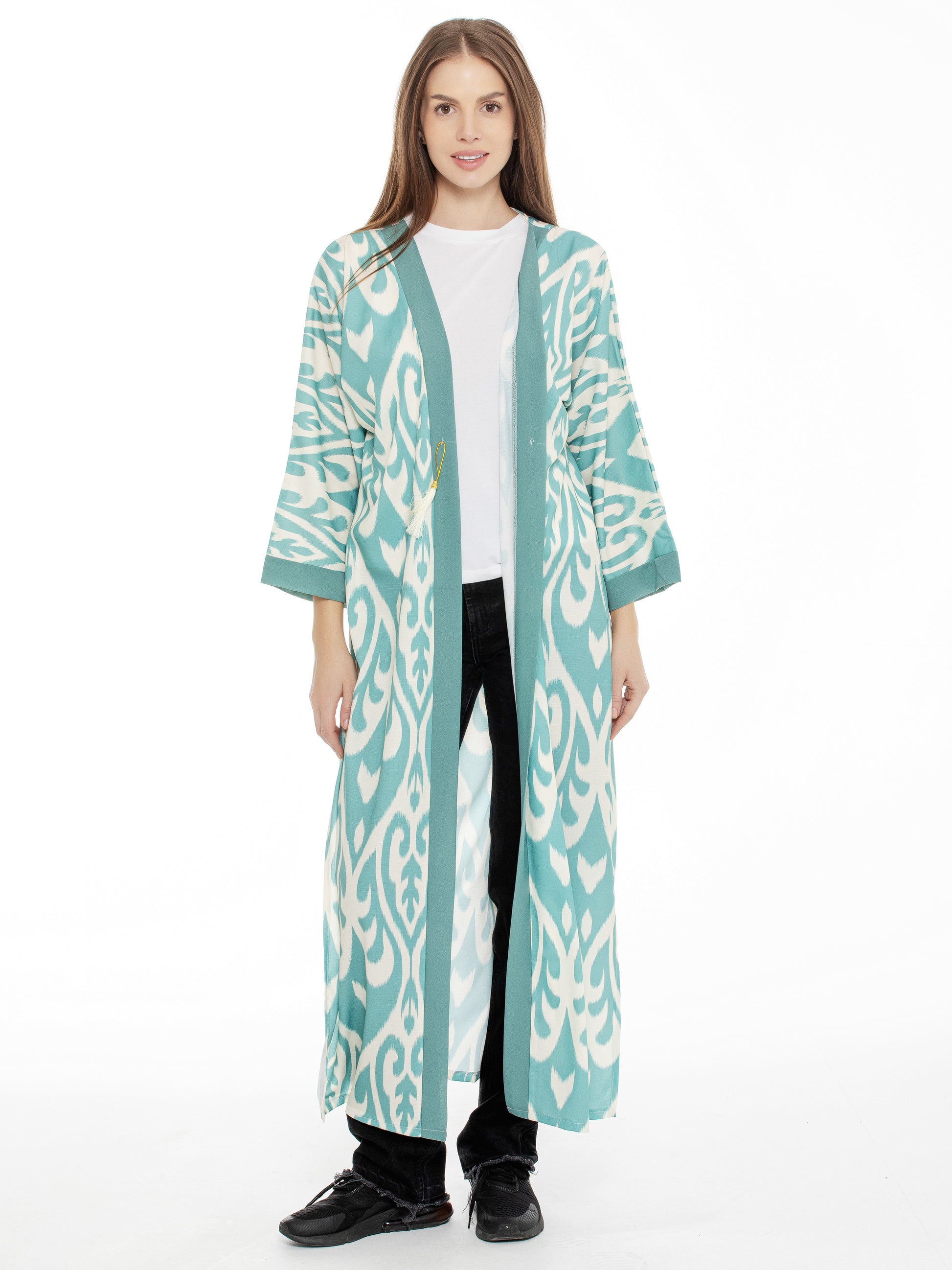 Long adras robe Azure, emerald kimono, ikat dress for women, oriental print