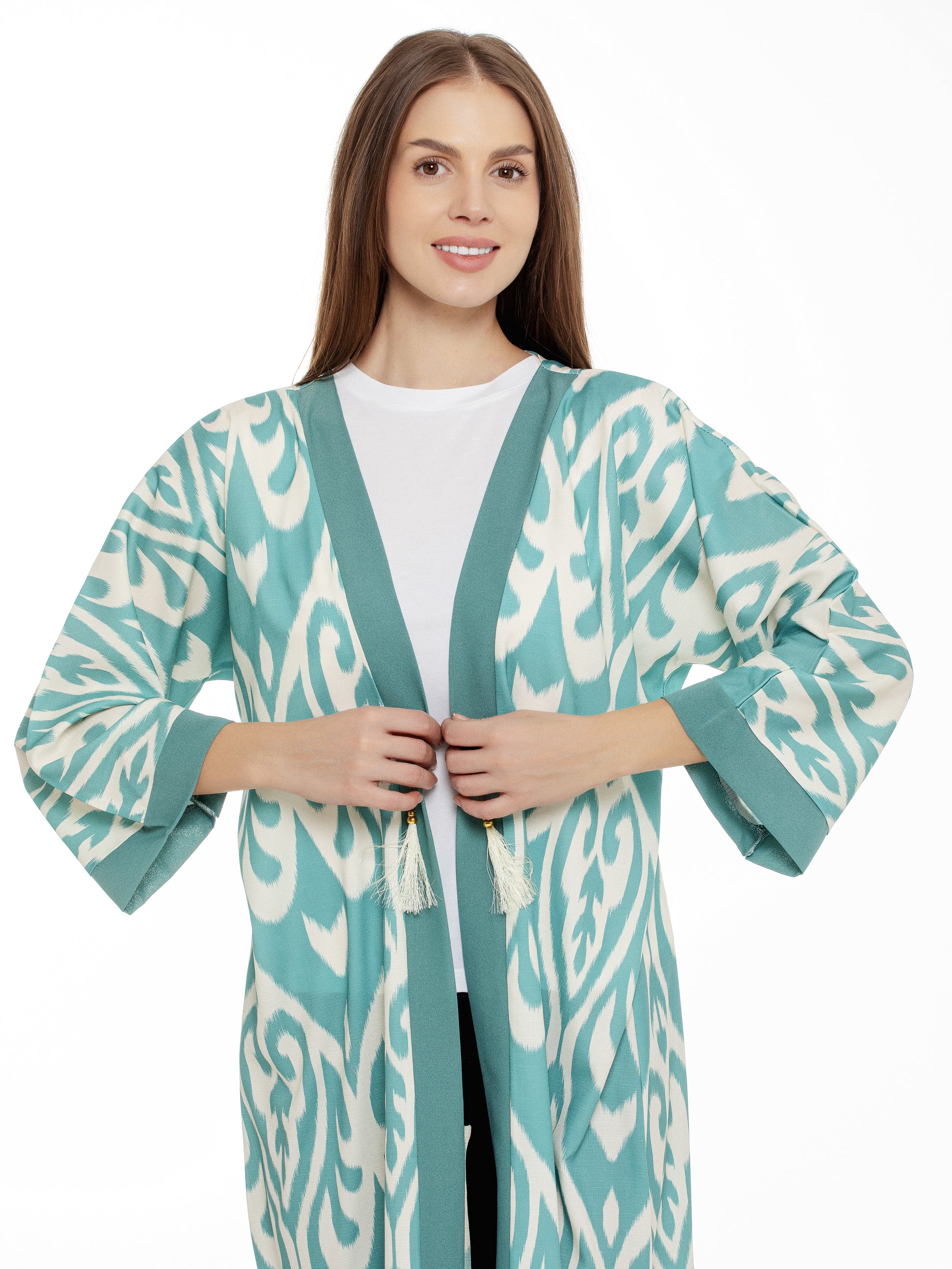 long adras robe in emerald and blue color.