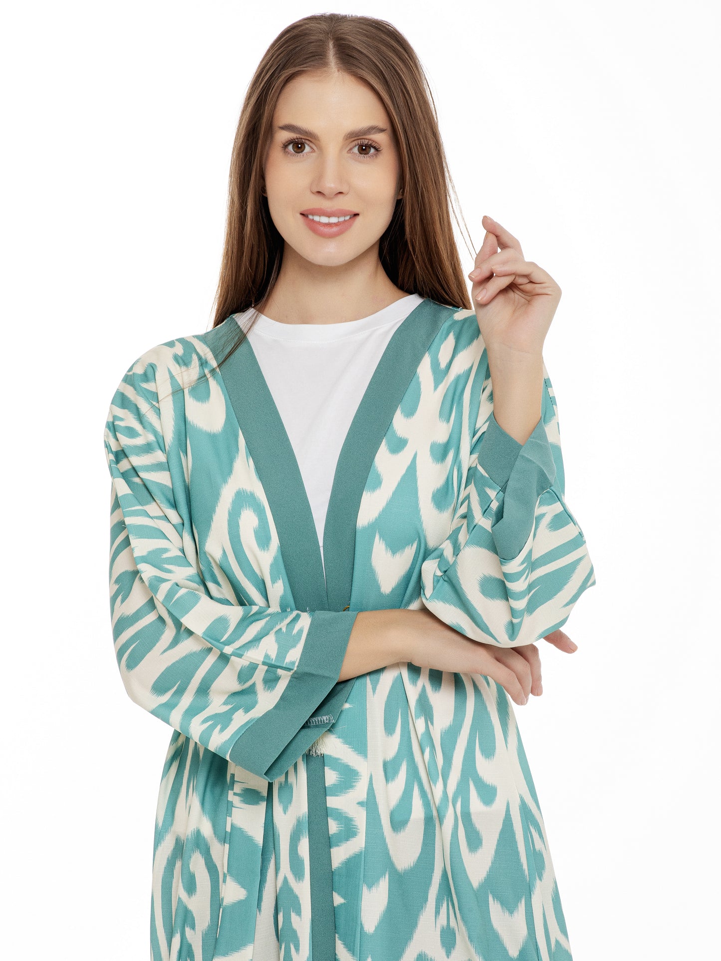 Long adras robe Azure Peacock, emerald kimono, ikat dress for women