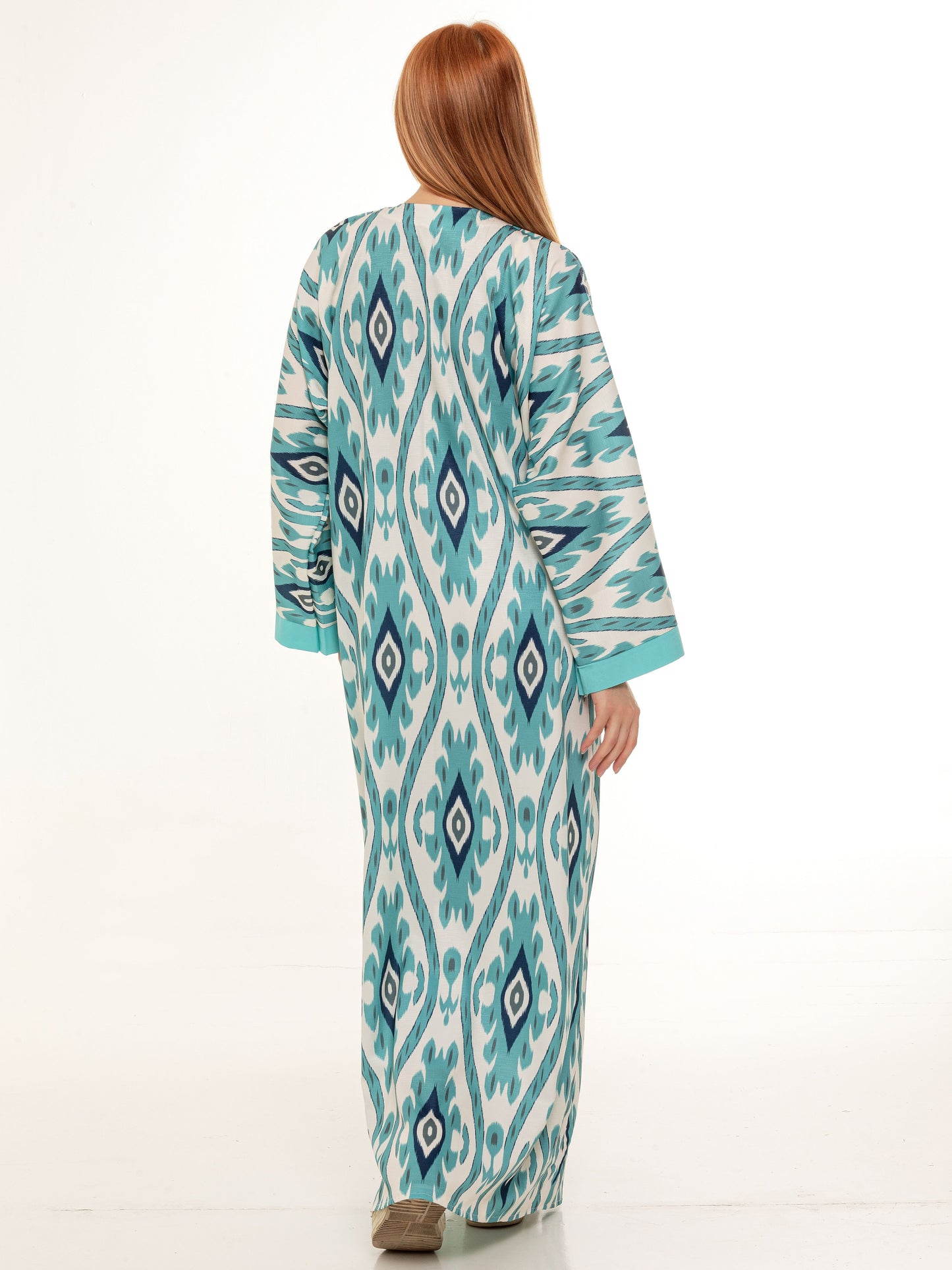 Long adras robe Azure Peacock, emerald kimono, ikat dress for women