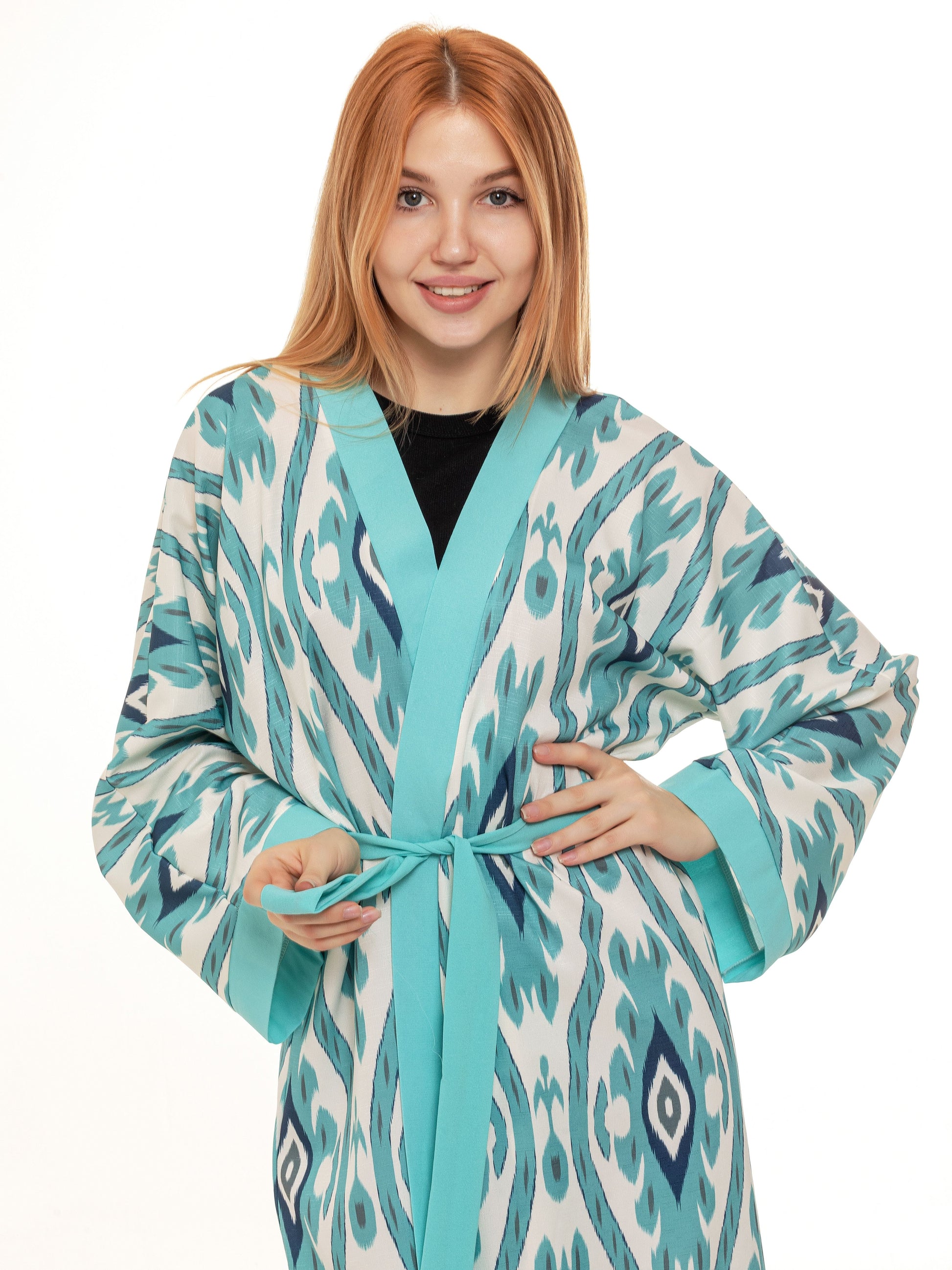 Long adras robe Azure Peacock, emerald kimono, ikat dress for women