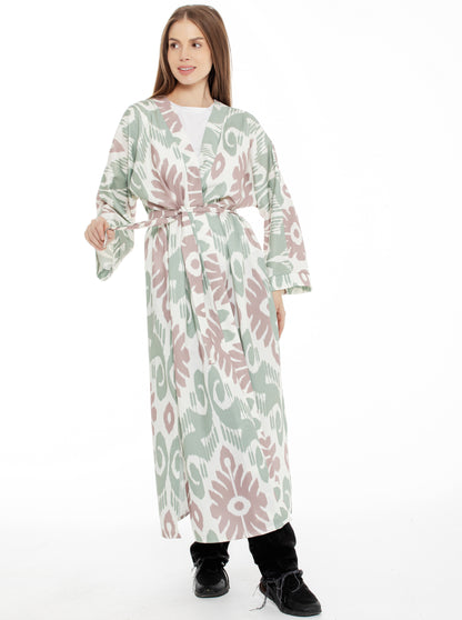 long adras robe, cotton silk bamboo adras, oriental print, adras dress, generic uzbek women's chapan, ikat adras dress