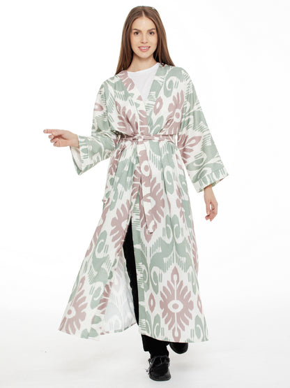 long adras robe, cotton silk bamboo adras, oriental print, adras dress, generic uzbek women's chapan, ikat adras dress